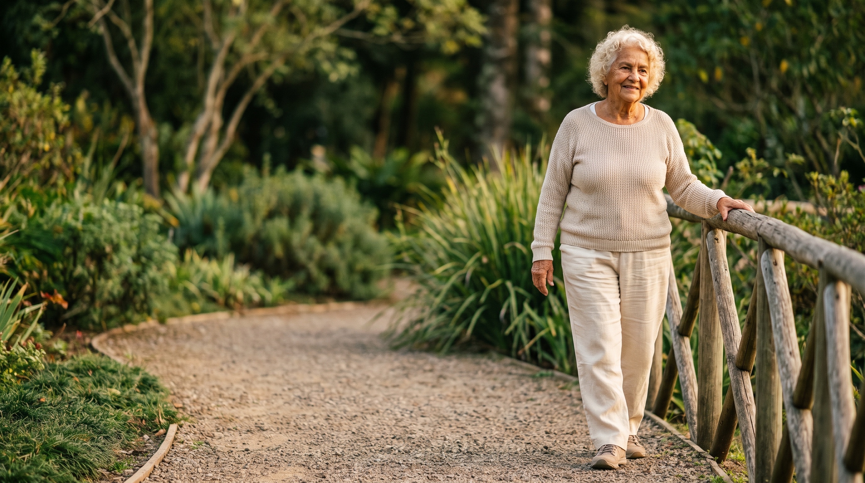 Mulher de cabelo branco cacheado caminha sorrindo por um caminho de jardim, com a mao apoiada de leve num corrimao de madeira.
